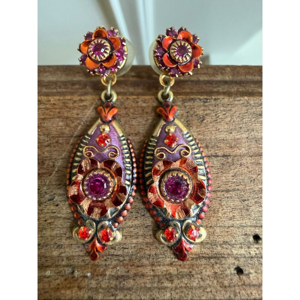 Michal Golan Ornate Byzantine Victorian Orange Pink Gold Dangle Drop Earrings